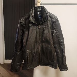 Cole Haan Black Washed Leather Moto Jacket With Knit Bib